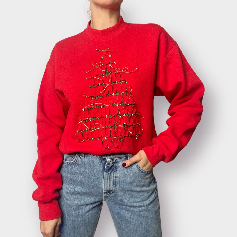 90s Fruit of the Loom Red Crewneck with‎ Cut Out Christmas Tree